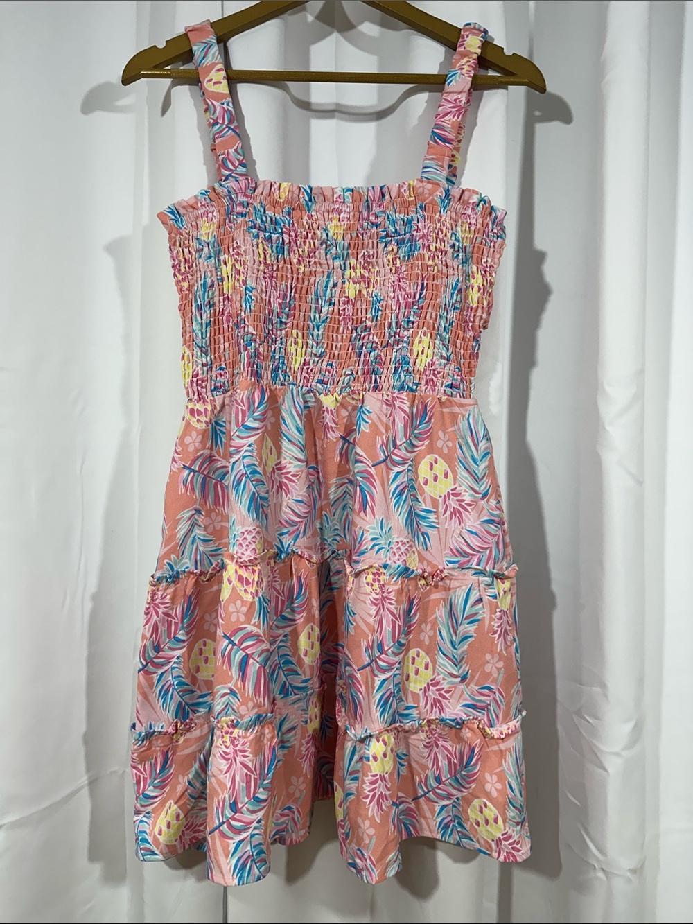 NWT Simply Southern Pineapple Tropical Sundress Small Pink Smocked Tiered Dress